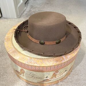 Brown Western Style Hat with leather trim and silver buckles